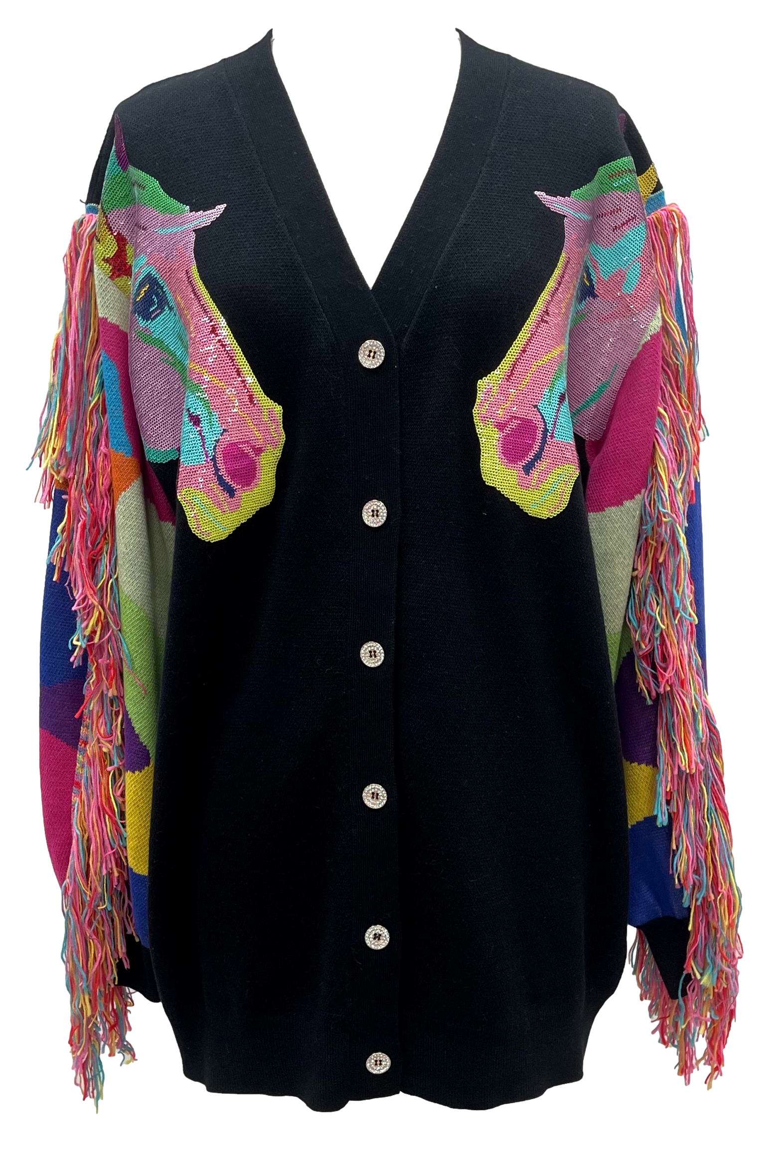 Queen Of Sparkles Black Fringe Rainbow Horse Heads Cardigan/Dress-Sweaters-Queen Of Sparkles-Deja Nu Boutique, Women's Fashion Boutique in Lampasas, Texas