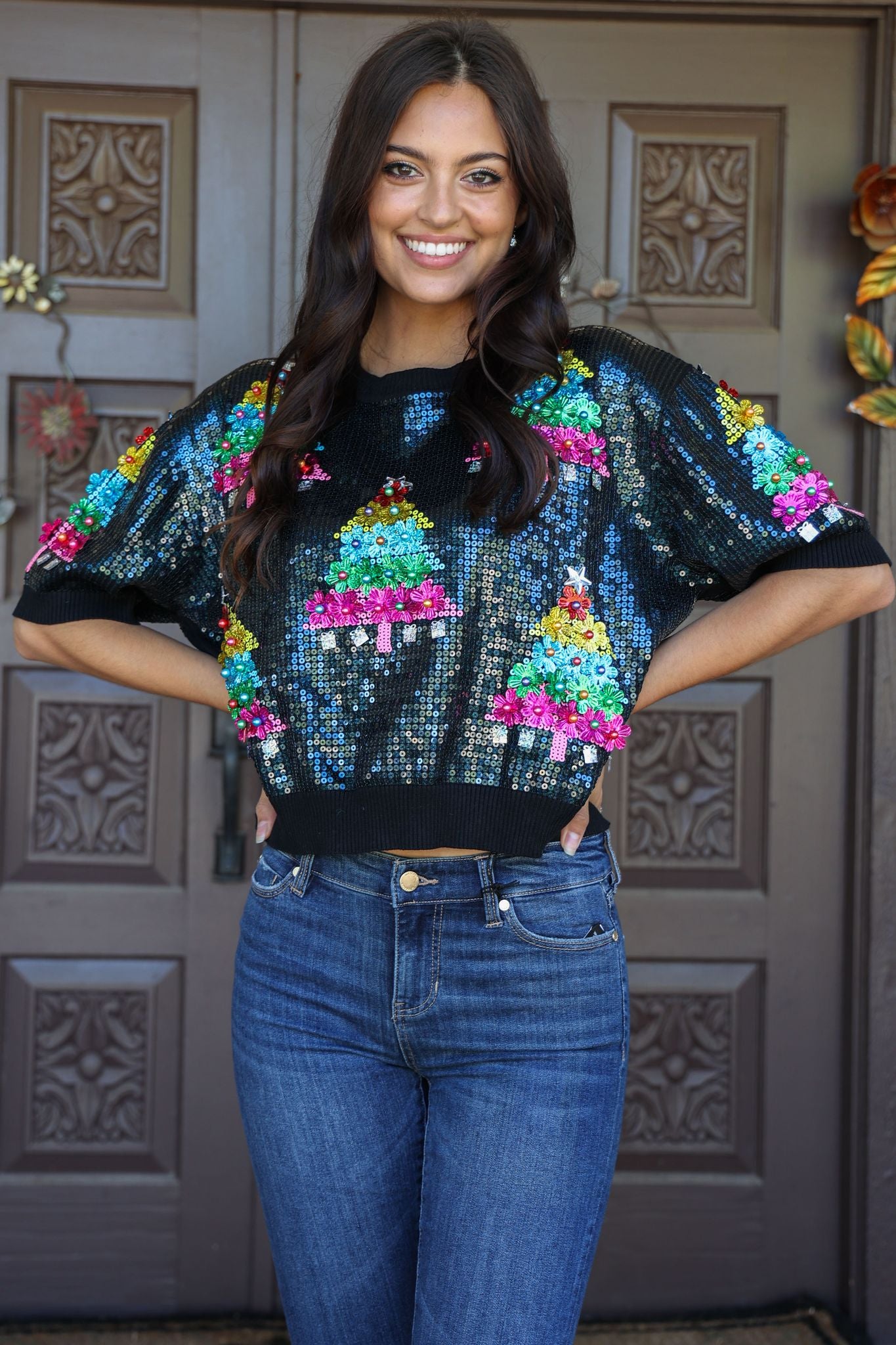 Queen Of Sparkles Black Full Sequin Multi Scatter Christmas Tree Sweater Top-Sweaters-Queen Of Sparkles-Deja Nu Boutique, Women's Fashion Boutique in Lampasas, Texas