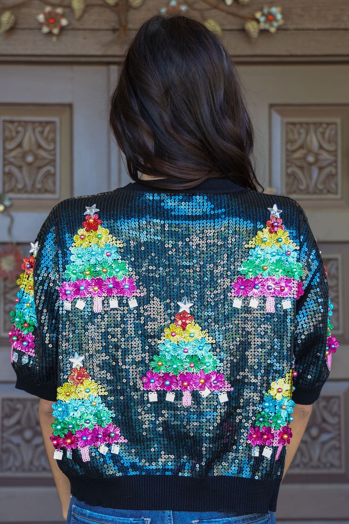 Queen of Sparkles Full Sequin Multi Tree Sweater