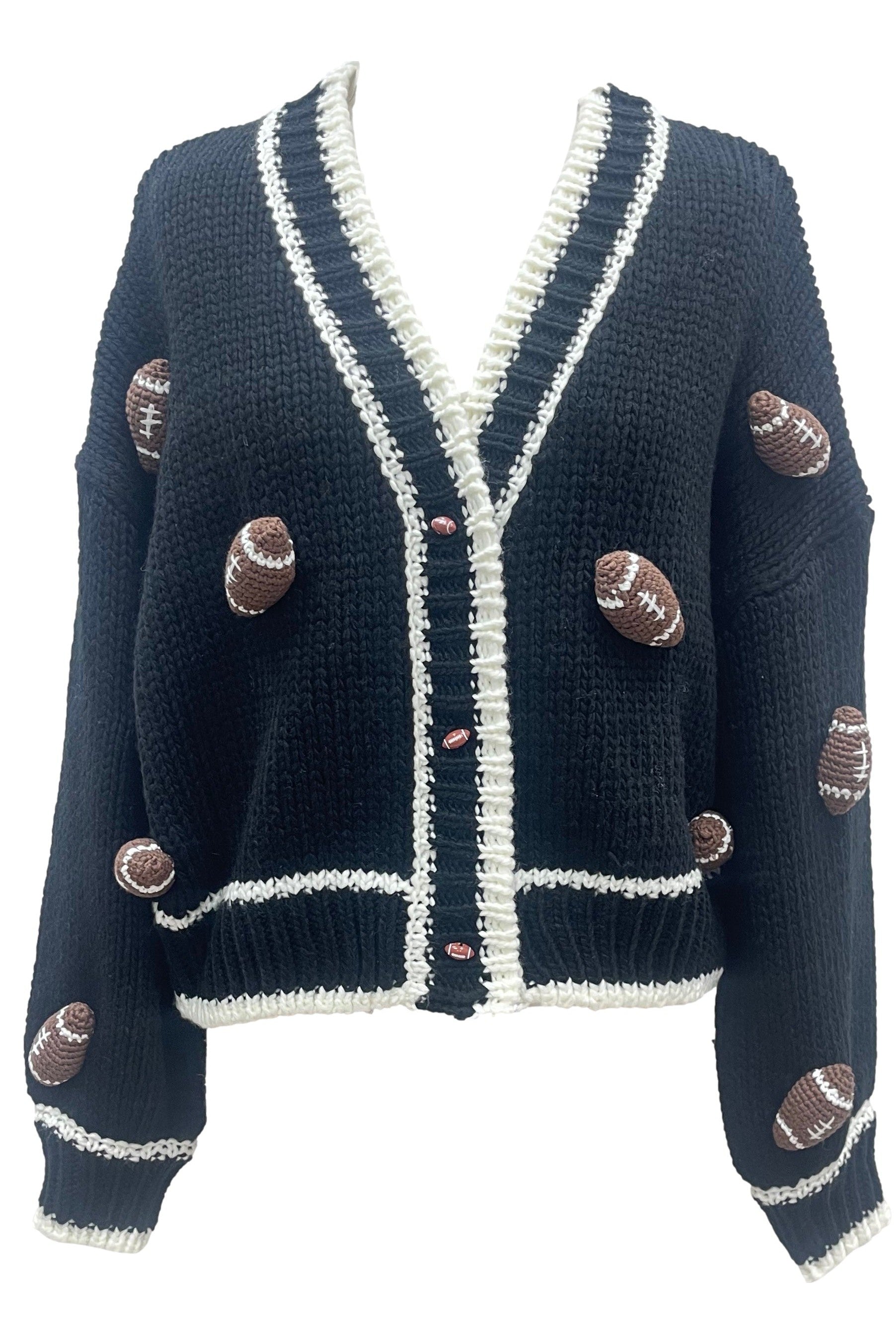 Queen Of Sparkles Black Knitted Football Cardigan-Cardigans & Kimonos-Queen Of Sparkles-Deja Nu Boutique, Women's Fashion Boutique in Lampasas, Texas