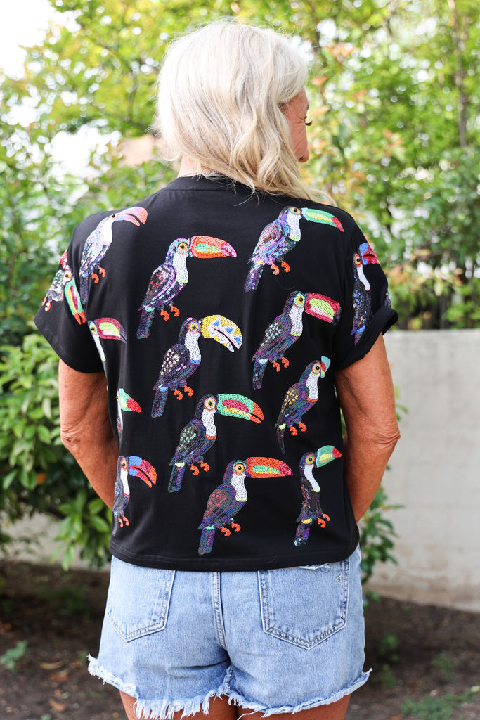 Queen Of Sparkles Black Scattered Toucan Tee-Tops-Queen Of Sparkles-Deja Nu Boutique, Women's Fashion Boutique in Lampasas, Texas