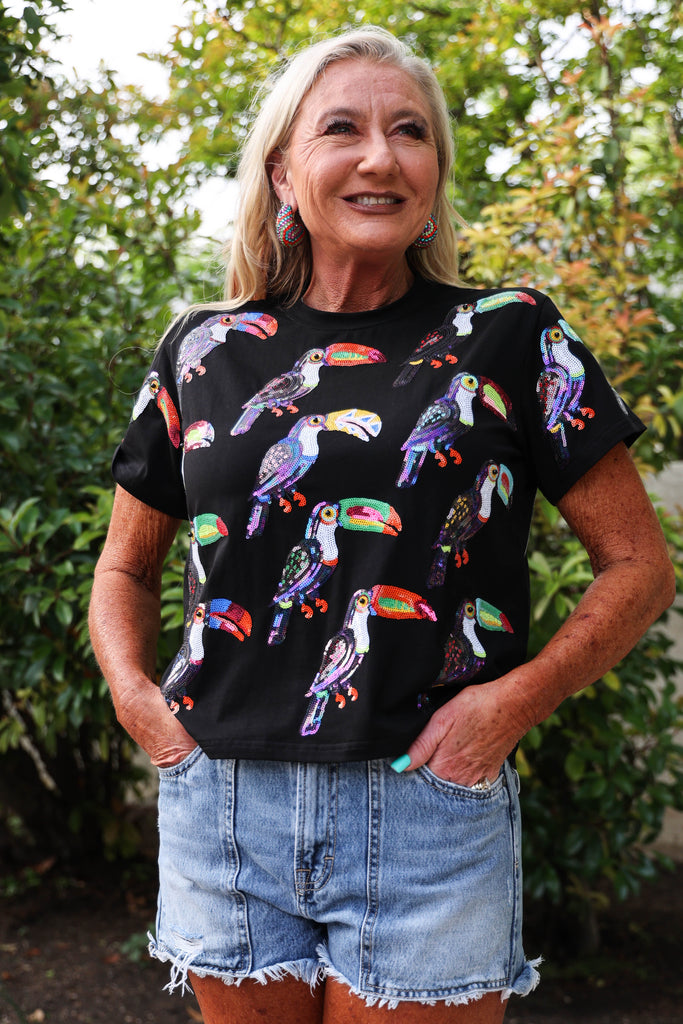 Queen Of Sparkles Black Scattered Toucan Tee-Tops-Queen Of Sparkles-Deja Nu Boutique, Women's Fashion Boutique in Lampasas, Texas