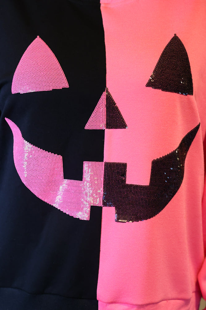 Queen Of Sparkles Black & Neon Pink Split Pumpkin Face Sweatshirt-Sweaters-Queen Of Sparkles-Deja Nu Boutique, Women's Fashion Boutique in Lampasas, Texas