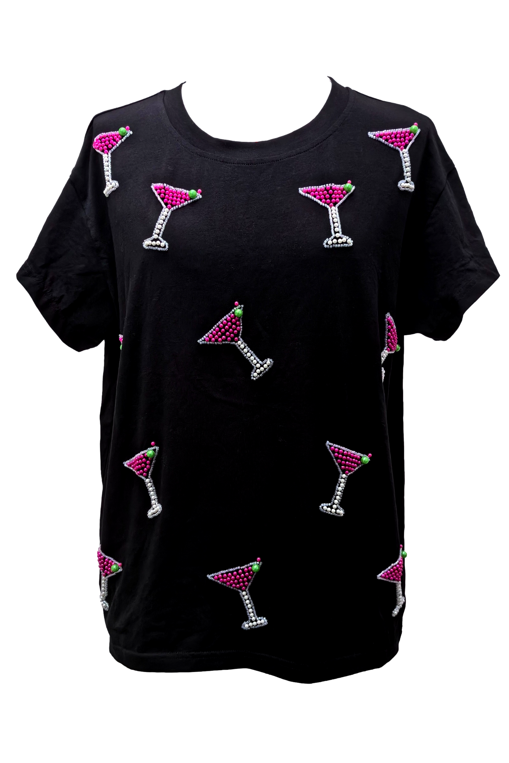Queen Of Sparkles Black & Pink Scattered Pearl Cosmo Tee-Tops-Queen Of Sparkles-Deja Nu Boutique, Women's Fashion Boutique in Lampasas, Texas