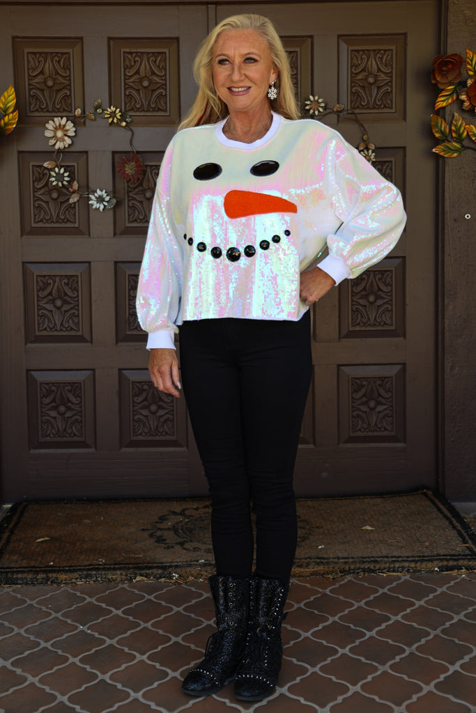 Queen Of Sparkles Full Sequin Snowman Face Sweatshirt In White-Graphic Sweaters-Queen Of Sparkles-Deja Nu Boutique, Women's Fashion Boutique in Lampasas, Texas