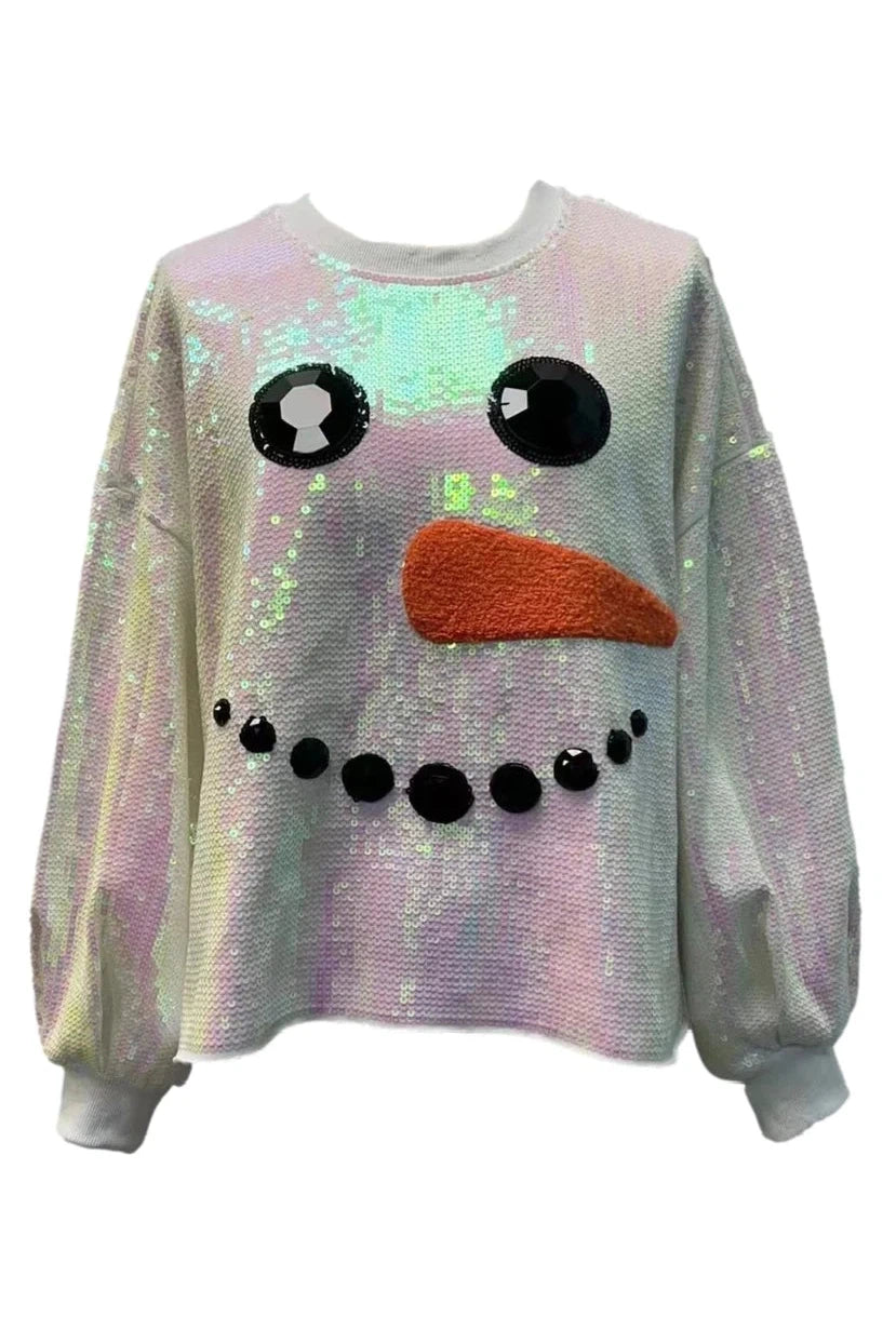 Queen Of Sparkles Full Sequin Snowman Face Sweatshirt In White-Graphic Sweaters-Queen Of Sparkles-Deja Nu Boutique, Women's Fashion Boutique in Lampasas, Texas