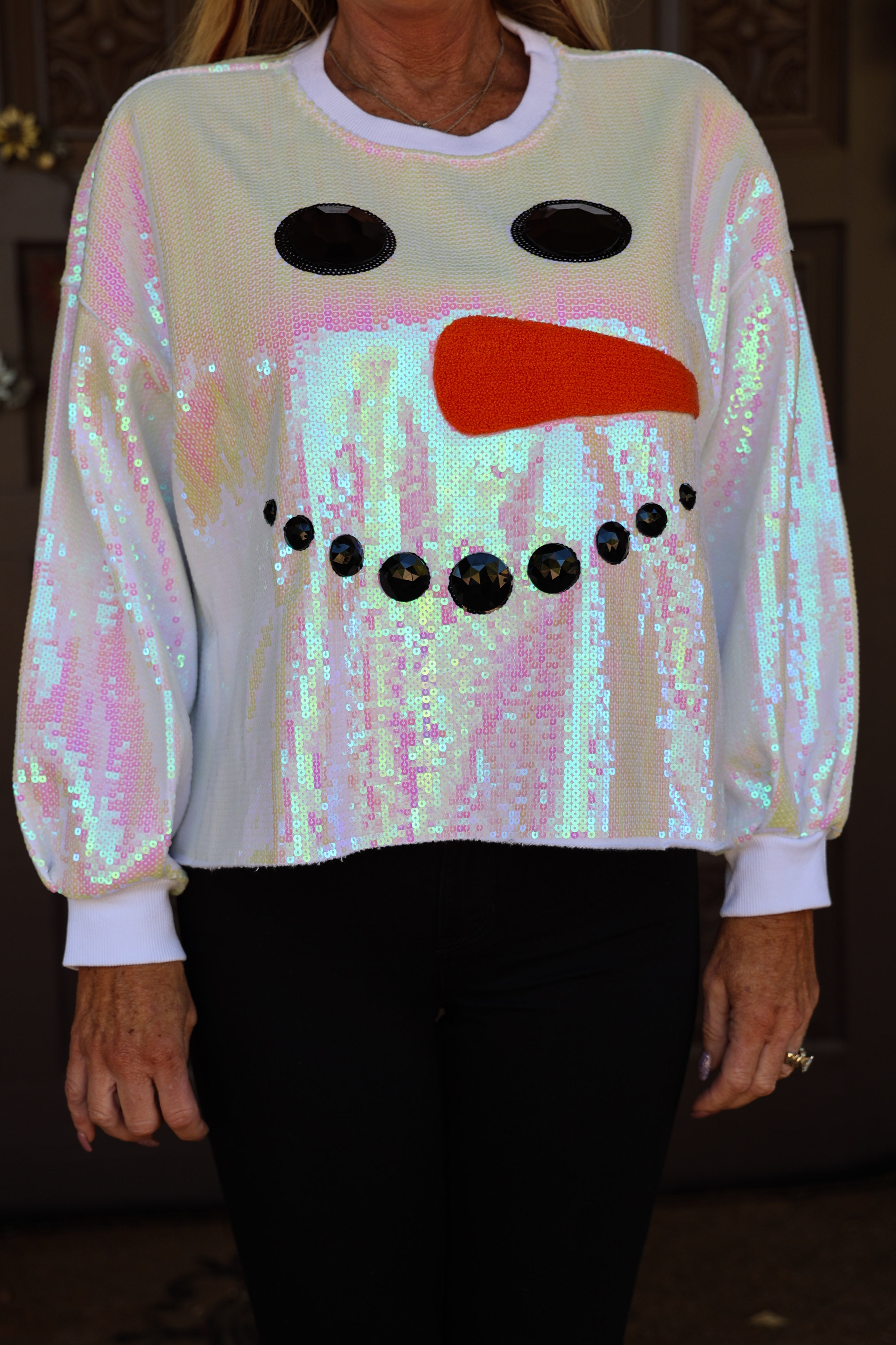 Queen Of Sparkles Full Sequin Snowman Face Sweatshirt In White-Graphic Sweaters-Queen Of Sparkles-Deja Nu Boutique, Women's Fashion Boutique in Lampasas, Texas