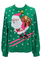 Queen Of Sparkles Green And Neon Pink Santa Skiing Sweater-Sweaters-Queen Of Sparkles-Deja Nu Boutique, Women's Fashion Boutique in Lampasas, Texas