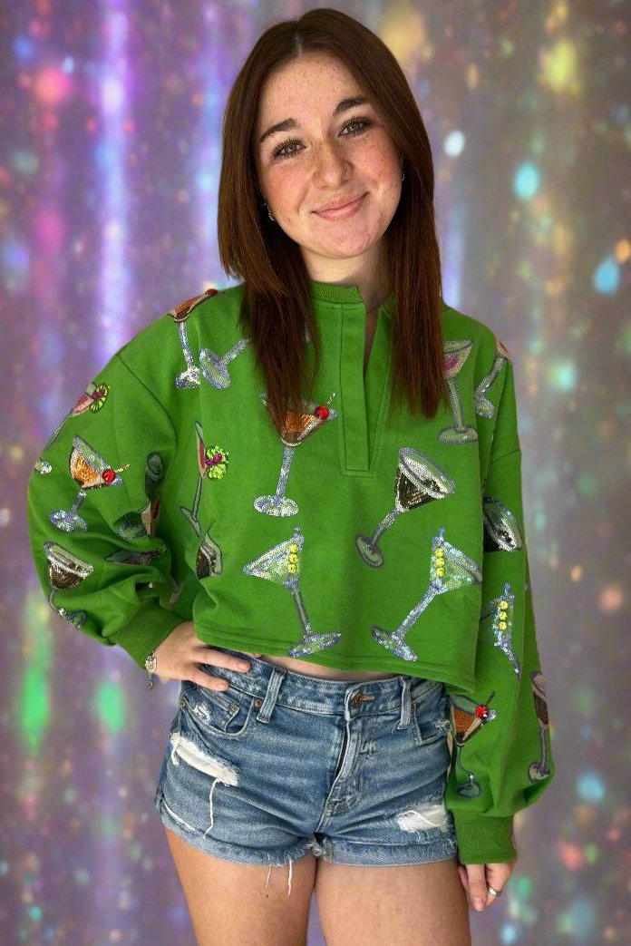 Queen Of Sparkles Green Multi Martini Glass Sweatshirt-Tops-Queen Of Sparkles-Deja Nu Boutique, Women's Fashion Boutique in Lampasas, Texas