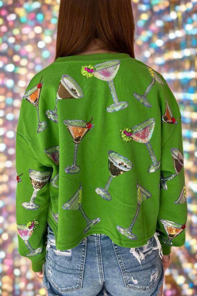 Queen Of Sparkles Green Multi Martini Glass Sweatshirt-Tops-Queen Of Sparkles-Deja Nu Boutique, Women's Fashion Boutique in Lampasas, Texas