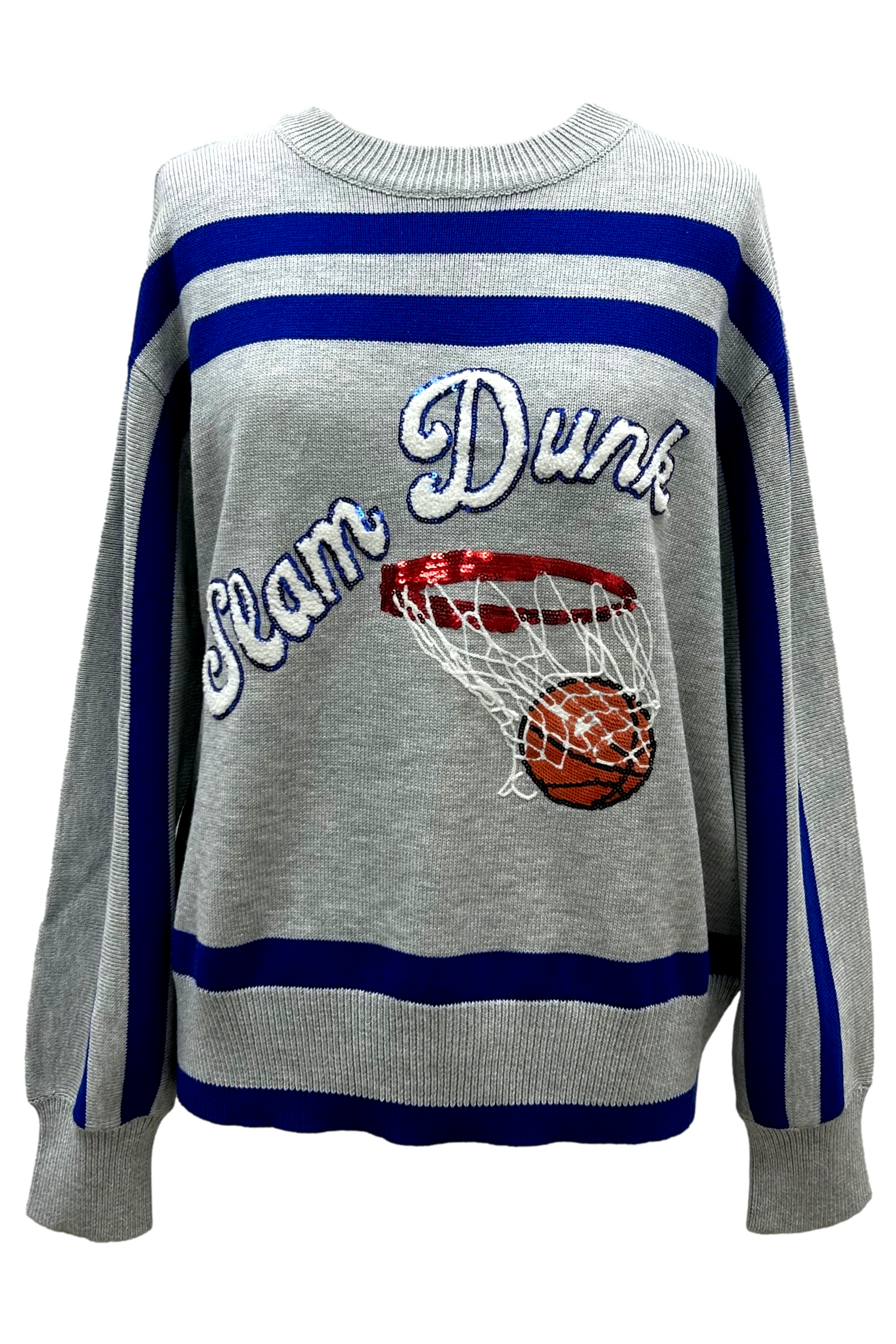 Queen Of Sparkles Grey/Blue Slam Dunk Sweater-Sweaters-Queen Of Sparkles-Deja Nu Boutique, Women's Fashion Boutique in Lampasas, Texas