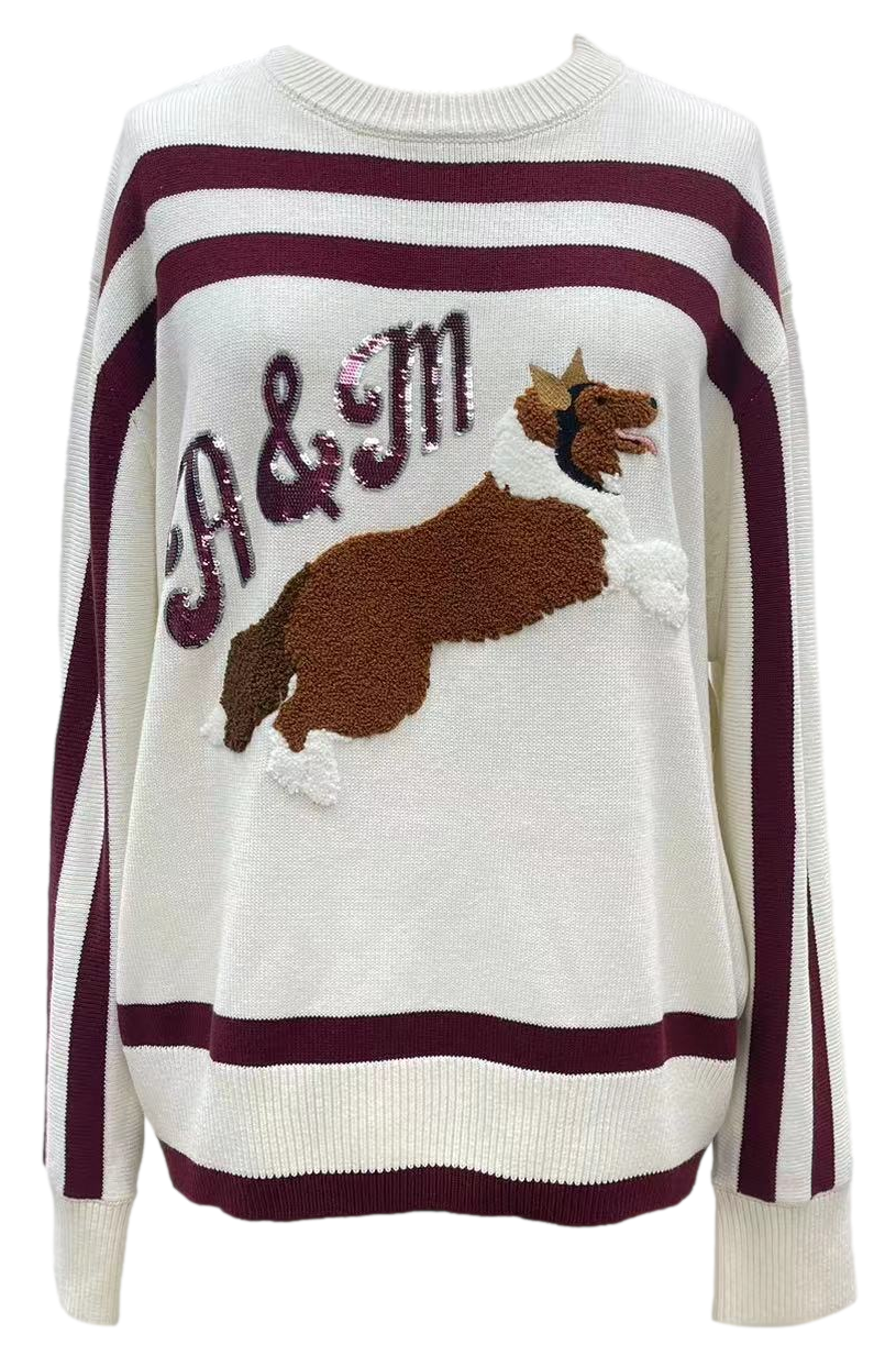 Queen Of Sparkles LICENSED Maroon & White Striped A&M Collie Dog Sweater-Sweaters-Queen Of Sparkles-Deja Nu Boutique, Women's Fashion Boutique in Lampasas, Texas