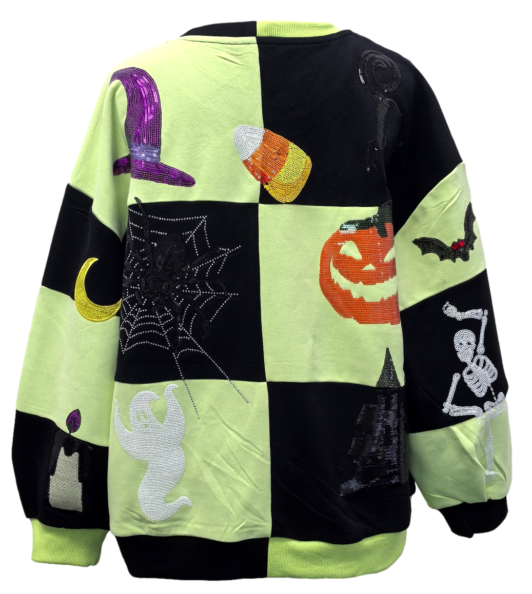 Queen Of Sparkles Light Green and Black Checkered Halloween Icon Sweatshirt-sweatshirt-Queen Of Sparkles-Deja Nu Boutique, Women's Fashion Boutique in Lampasas, Texas