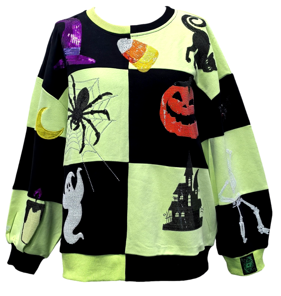 Queen Of Sparkles Light Green and Black Checkered Halloween Icon Sweatshirt-sweatshirt-Queen Of Sparkles-Deja Nu Boutique, Women's Fashion Boutique in Lampasas, Texas