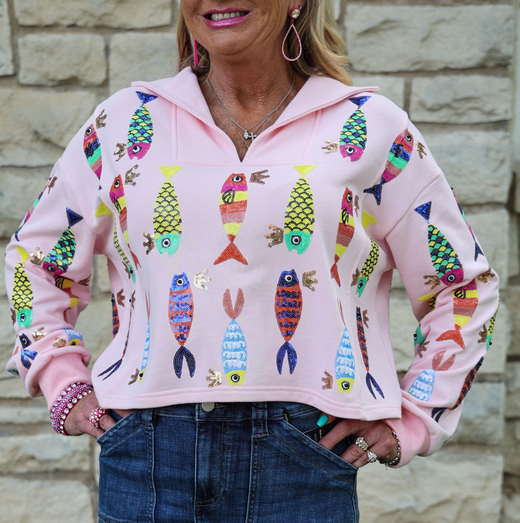 Queen Of Sparkles Light Pink Crowned Fish Collar Sweatshirt-Tops-Queen Of Sparkles-Deja Nu Boutique, Women's Fashion Boutique in Lampasas, Texas