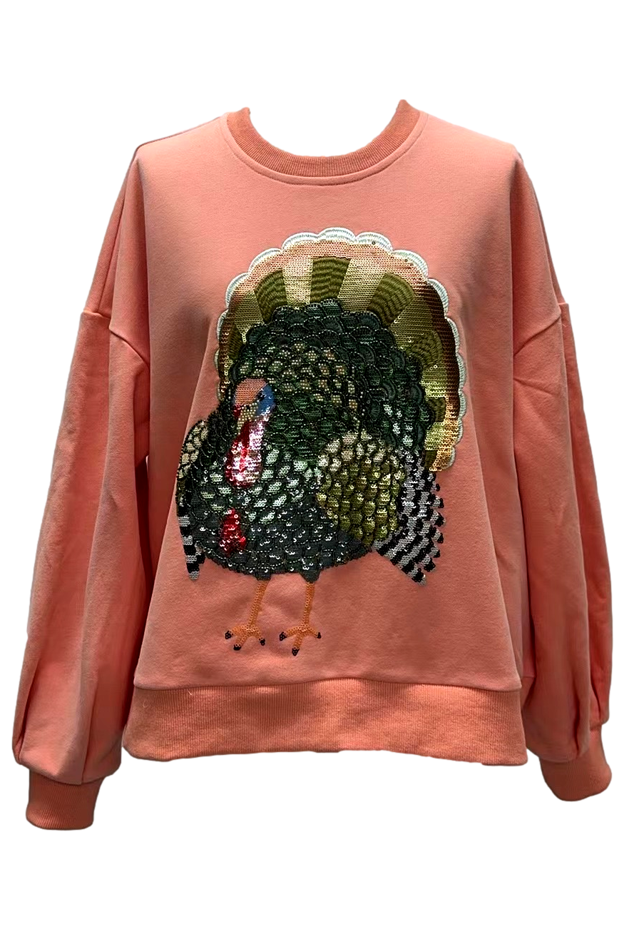 Queen Of Sparkles Peach Big Turkey Sweatshirt-Sweaters-Queen Of Sparkles-Deja Nu Boutique, Women's Fashion Boutique in Lampasas, Texas