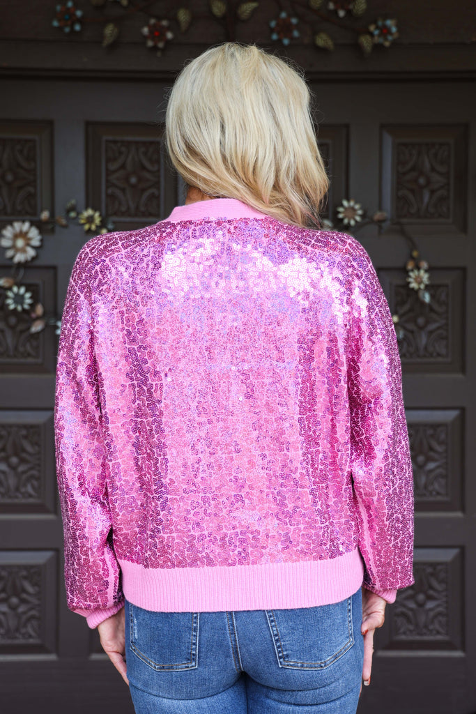 Queen Of Sparkles Pink Sequin Champagne Queen Sweater Cardigan-Cardigans & Kimonos-Queen Of Sparkles-Deja Nu Boutique, Women's Fashion Boutique in Lampasas, Texas