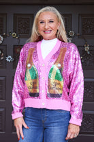 Queen Of Sparkles Pink Sequin Champagne Queen Sweater Cardigan-Cardigans & Kimonos-Queen Of Sparkles-Deja Nu Boutique, Women's Fashion Boutique in Lampasas, Texas