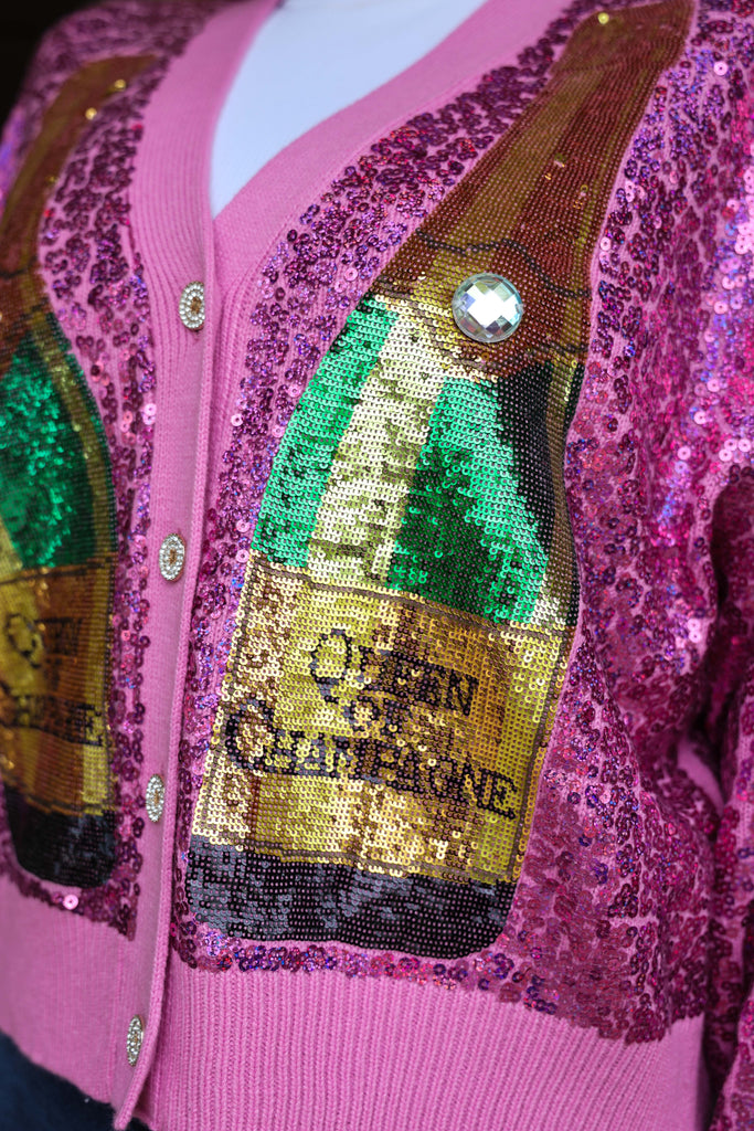 Queen Of Sparkles Pink Sequin Champagne Queen Sweater Cardigan-Cardigans & Kimonos-Queen Of Sparkles-Deja Nu Boutique, Women's Fashion Boutique in Lampasas, Texas