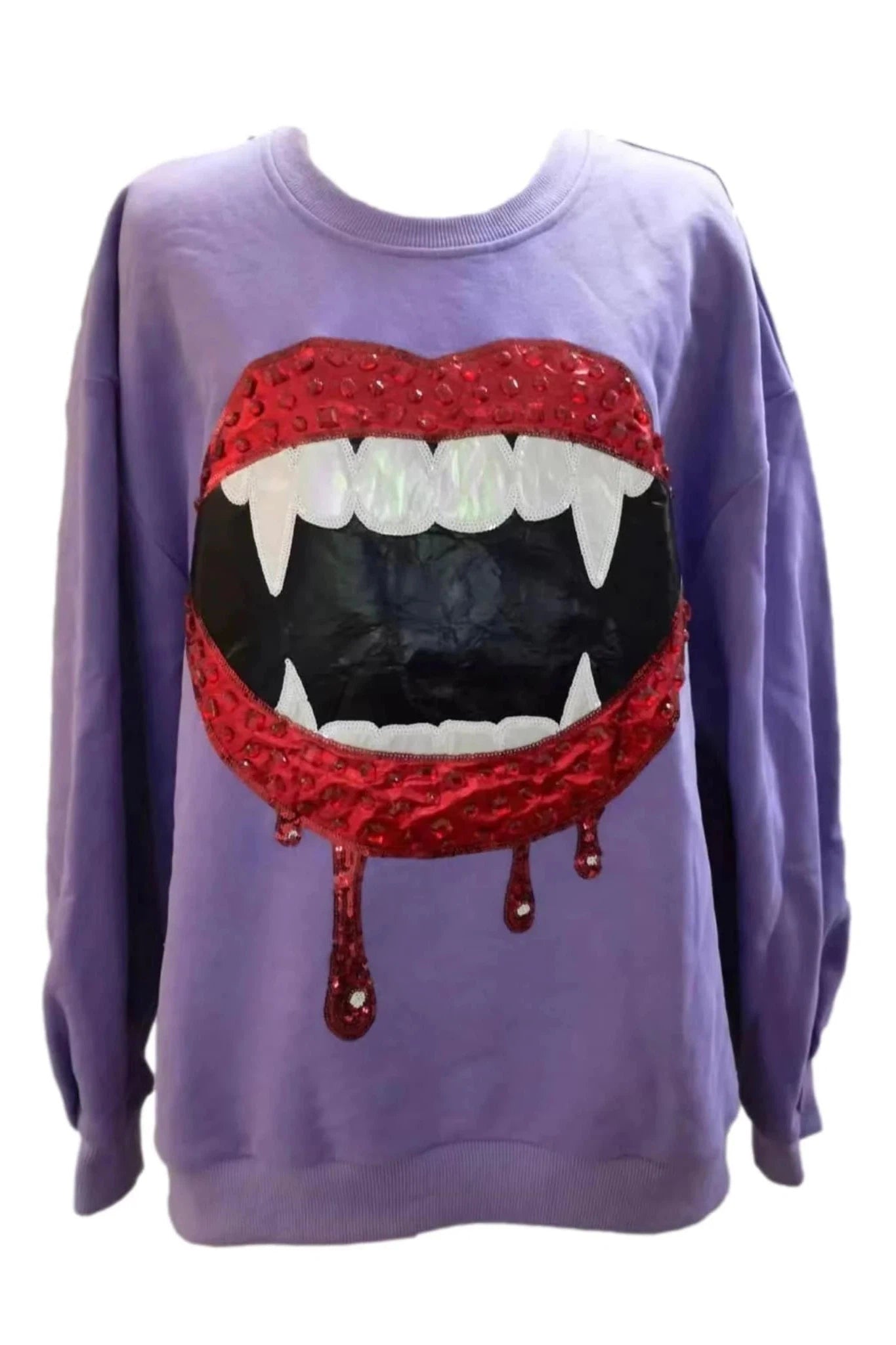 Queen Of Sparkles Purple Vampire Smile Sweatshirt-Sweaters-Queen Of Sparkles-Deja Nu Boutique, Women's Fashion Boutique in Lampasas, Texas