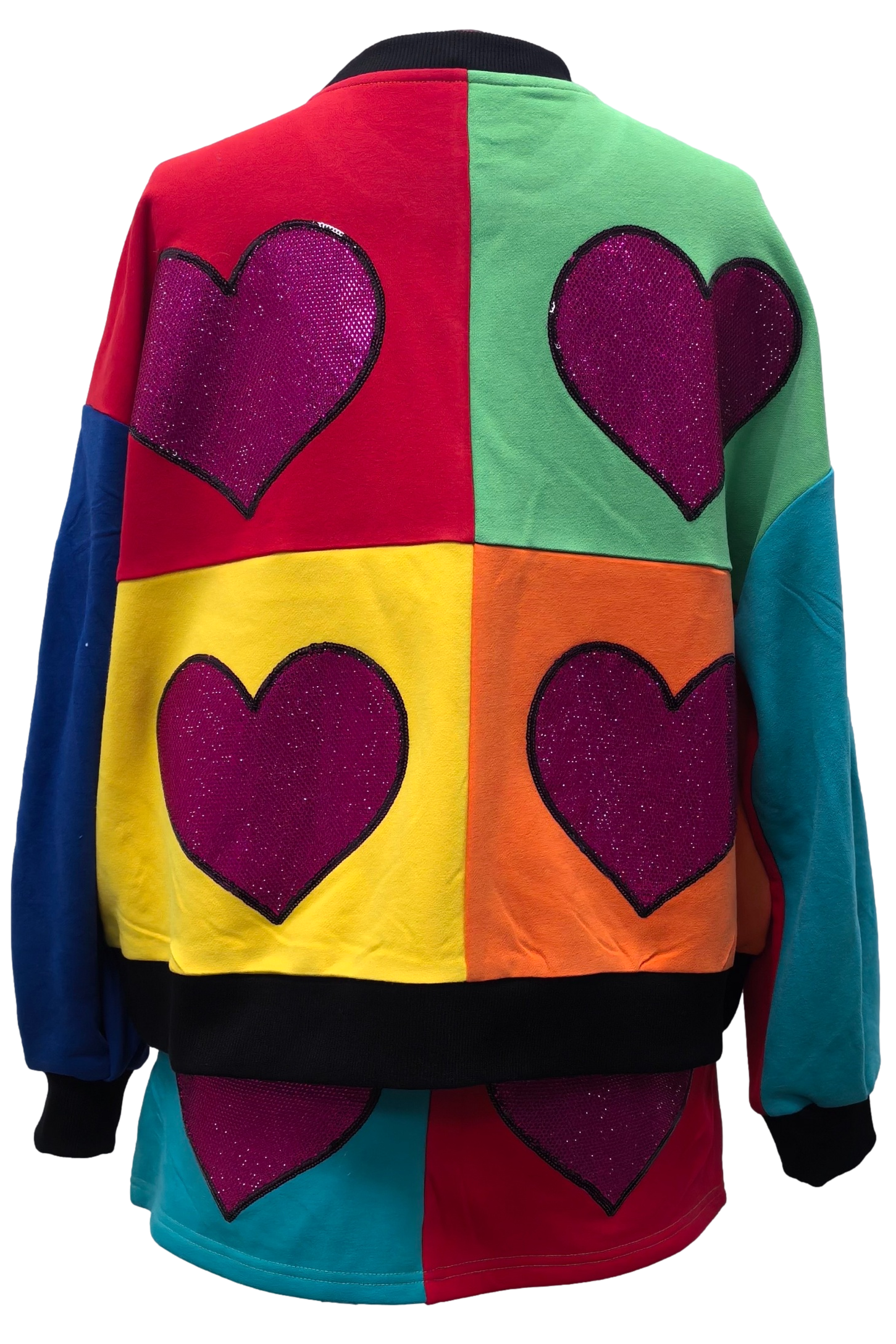 Queen Of Sparkles Rainbow Colorblock Rhinestone Heart Sweatshirt-Tops-Queen Of Sparkles-Deja Nu Boutique, Women's Fashion Boutique in Lampasas, Texas