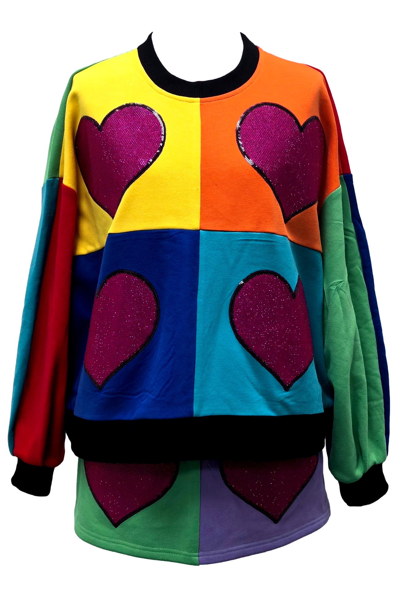 Queen Of Sparkles Rainbow Colorblock Rhinestone Heart Sweatshirt-Tops-Queen Of Sparkles-Deja Nu Boutique, Women's Fashion Boutique in Lampasas, Texas