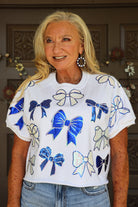 Queen Of Sparkles White And Royal Blue Sequin Bow Top-Tops-Queen Of Sparkles-Deja Nu Boutique, Women's Fashion Boutique in Lampasas, Texas