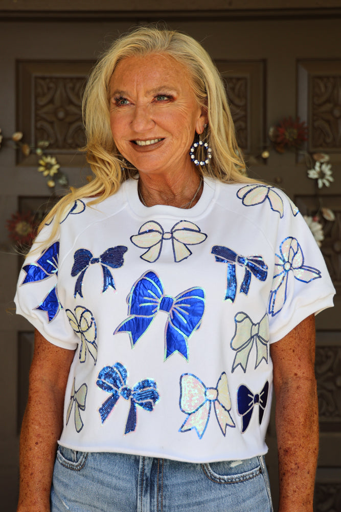 Queen Of Sparkles White And Royal Blue Sequin Bow Top-Tops-Queen Of Sparkles-Deja Nu Boutique, Women's Fashion Boutique in Lampasas, Texas