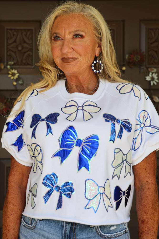 Queen Of Sparkles White And Royal Blue Sequin Bow Top-Tops-Queen Of Sparkles-Deja Nu Boutique, Women's Fashion Boutique in Lampasas, Texas