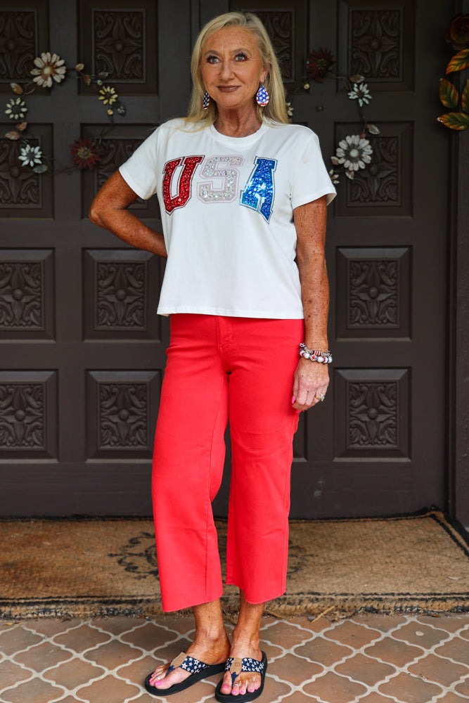 Queen Of Sparkles White Rhinestone Beaded “USA” Tee-Tops-Queen Of Sparkles-Deja Nu Boutique, Women's Fashion Boutique in Lampasas, Texas