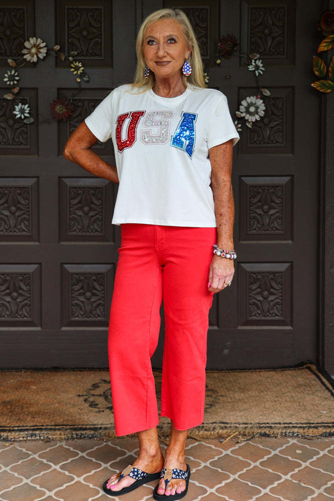 Queen Of Sparkles White Beaded “USA” Tee-Tops-Queen Of Sparkles-Deja Nu Boutique, Women's Fashion Boutique in Lampasas, Texas