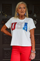 Queen Of Sparkles White Rhinestone Beaded “USA” Tee-Tops-Queen Of Sparkles-Deja Nu Boutique, Women's Fashion Boutique in Lampasas, Texas