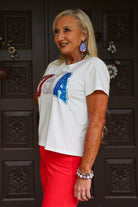 Queen Of Sparkles White Rhinestone Beaded “USA” Tee-Tops-Queen Of Sparkles-Deja Nu Boutique, Women's Fashion Boutique in Lampasas, Texas