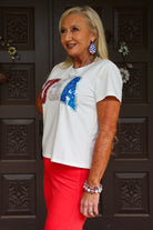 Queen Of Sparkles White Rhinestone Beaded “USA” Tee-Tops-Queen Of Sparkles-Deja Nu Boutique, Women's Fashion Boutique in Lampasas, Texas