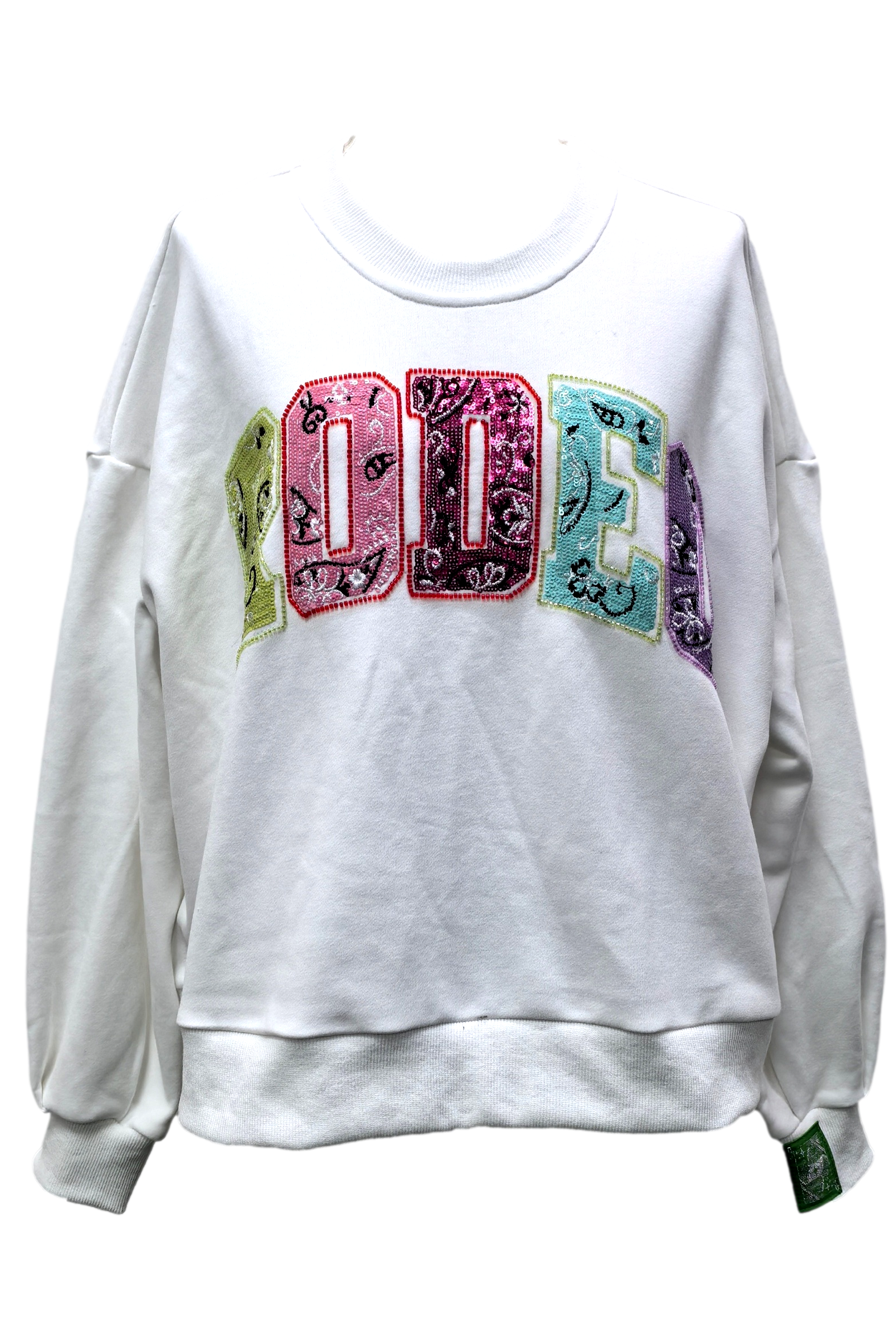 Queen Of Sparkles White Multi Bandana Sequin Rodeo Sweatshirt-Sweaters-Queen Of Sparkles-Deja Nu Boutique, Women's Fashion Boutique in Lampasas, Texas