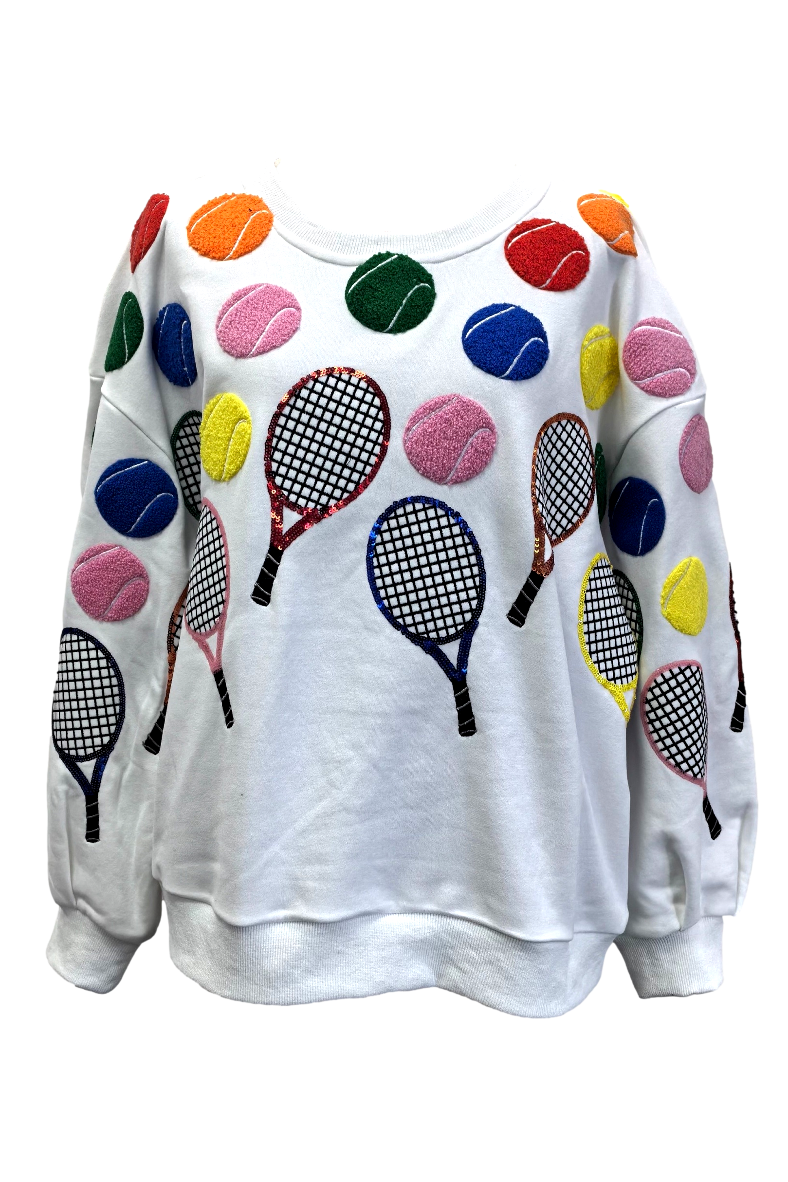 Queen Of Sparkles White Multi Tennis Icon Sweatshirt-Sweaters-Queen Of Sparkles-Deja Nu Boutique, Women's Fashion Boutique in Lampasas, Texas