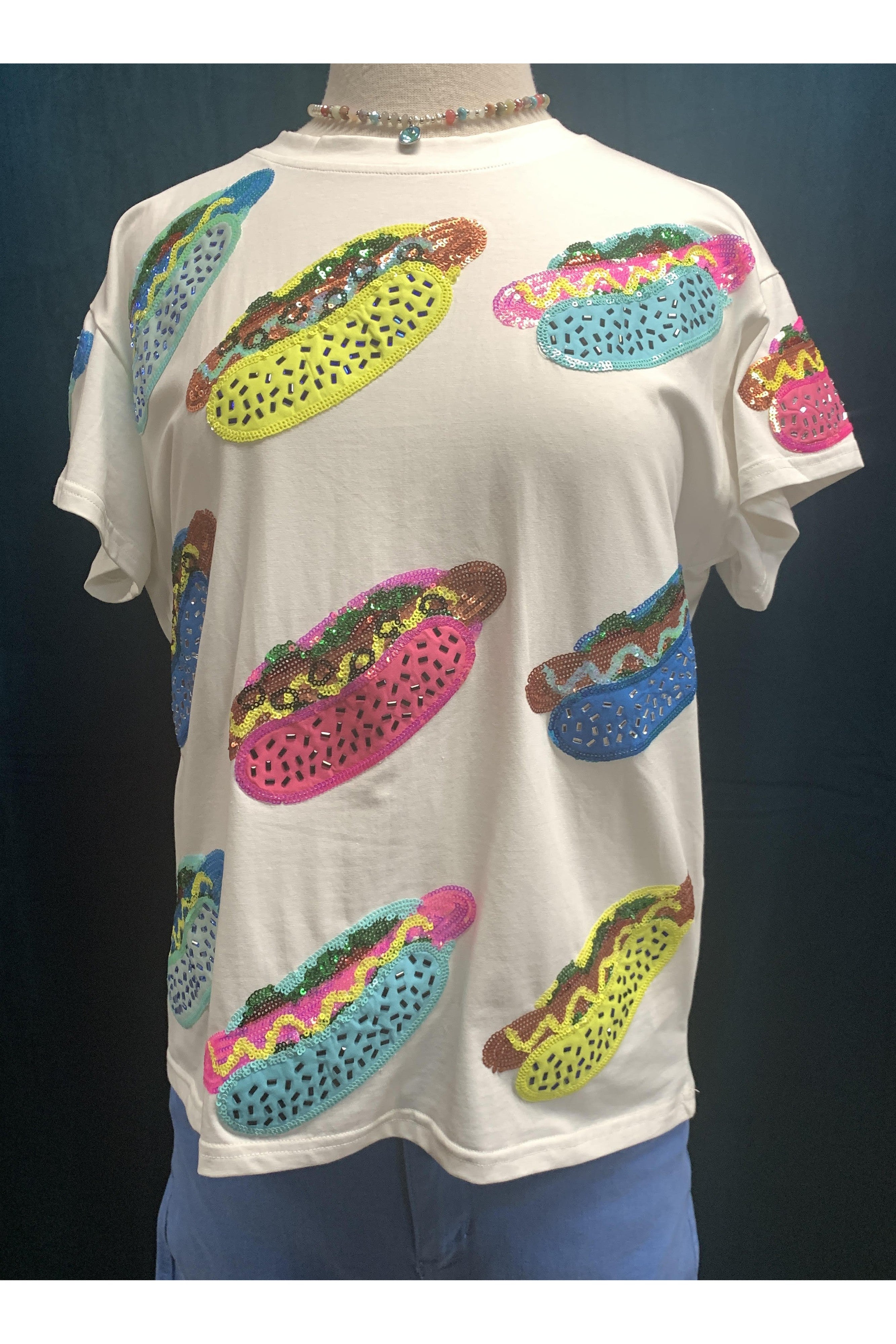 Queen Of Sparkles White Scattered Multi Color Hot Dog Tee-Tops-Queen Of Sparkles-Deja Nu Boutique, Women's Fashion Boutique in Lampasas, Texas