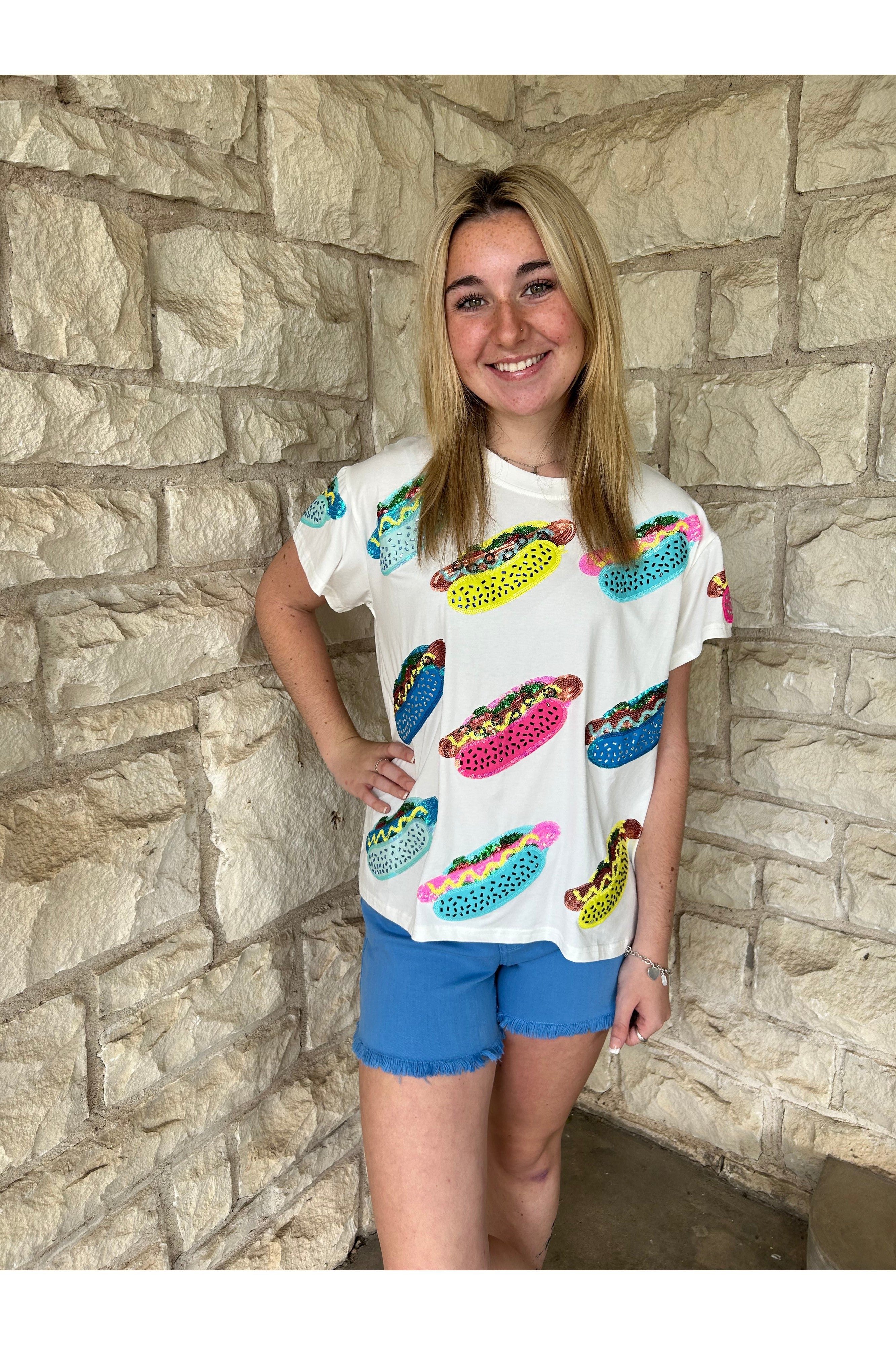 Queen Of Sparkles White Scattered Multi Color Hot Dog Tee-Tops-Queen Of Sparkles-Deja Nu Boutique, Women's Fashion Boutique in Lampasas, Texas