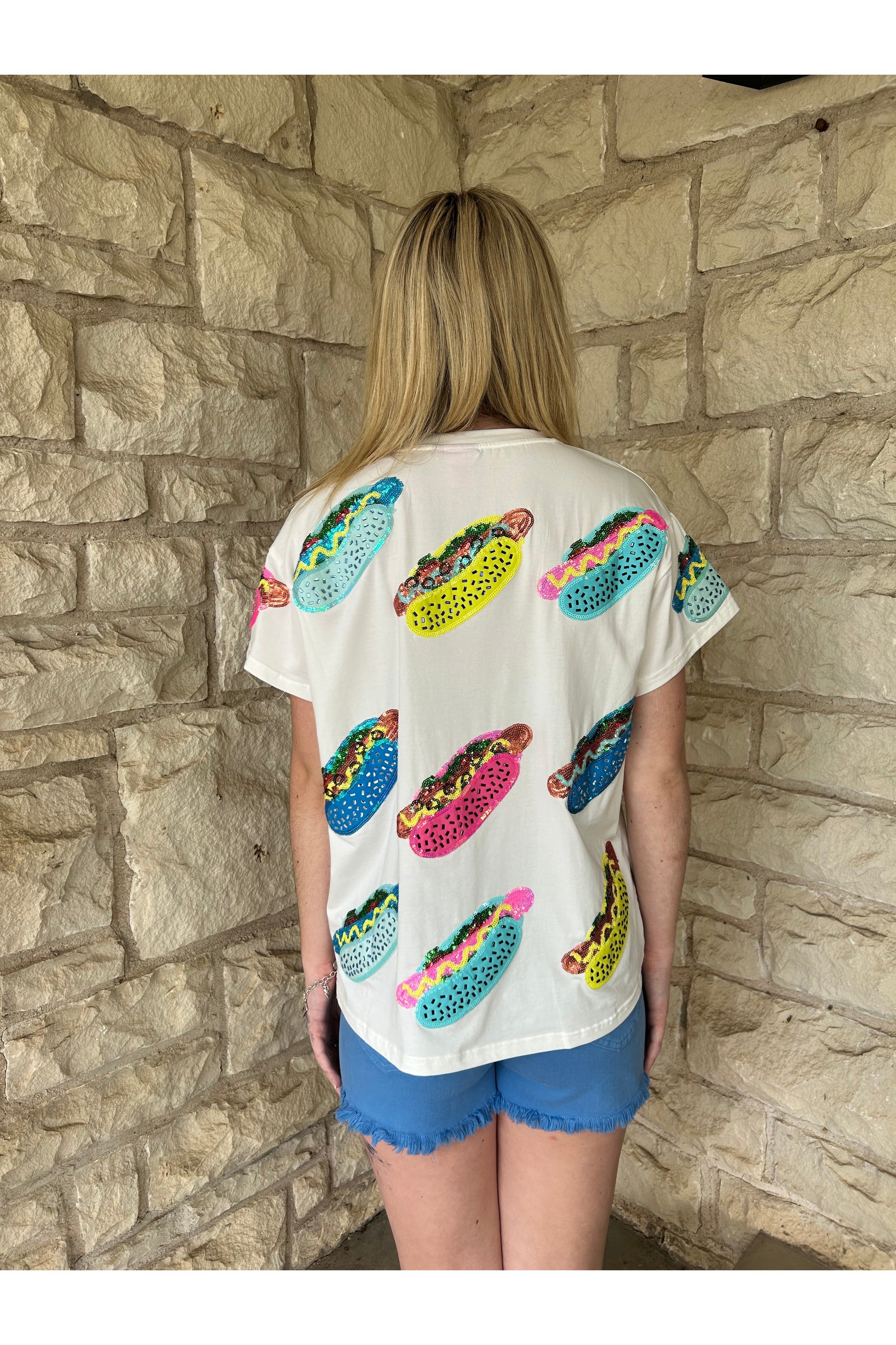 Queen Of Sparkles White Scattered Multi Color Hot Dog Tee-Tops-Queen Of Sparkles-Deja Nu Boutique, Women's Fashion Boutique in Lampasas, Texas