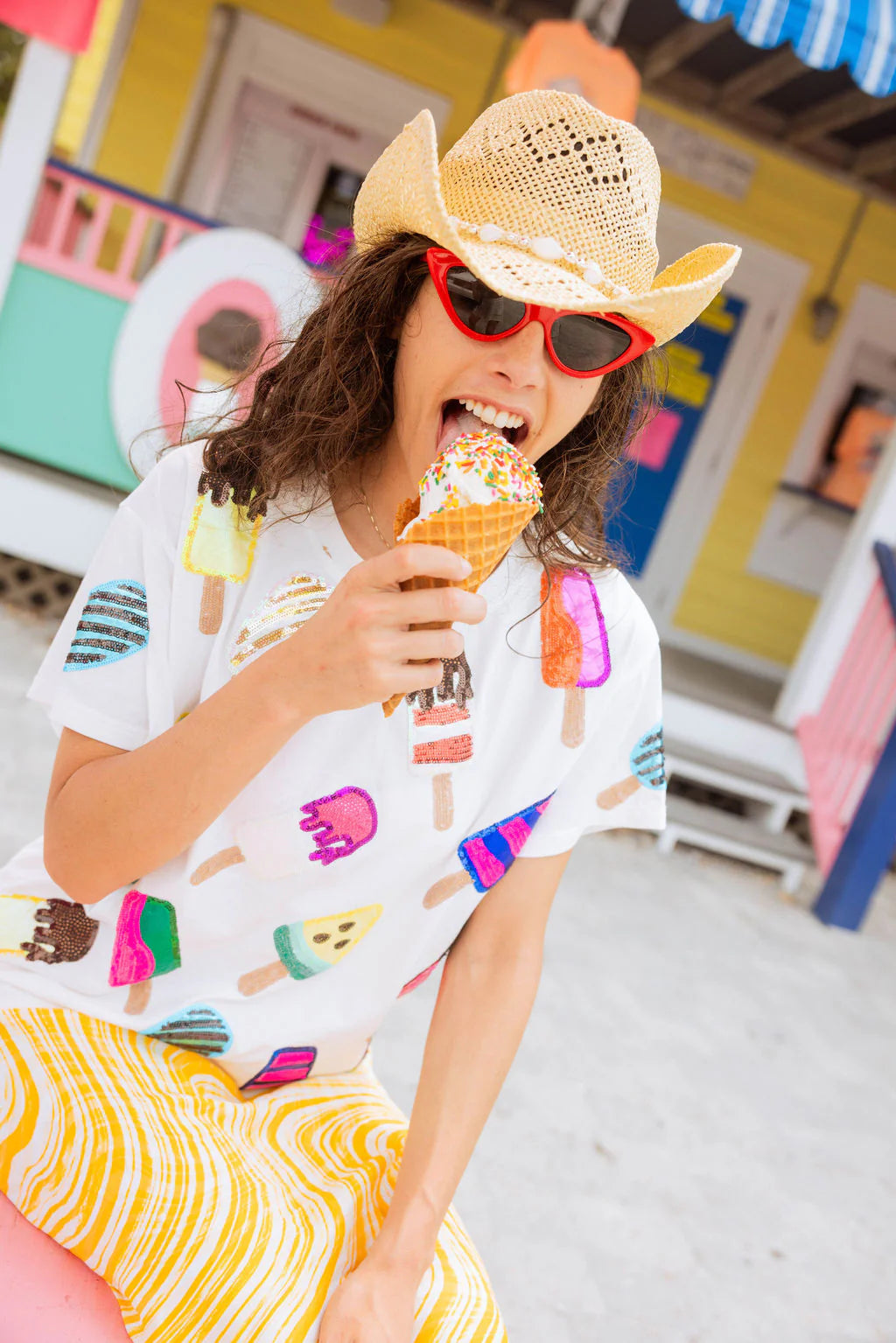 Queen Of Sparkles White Scattered Multi Color Popsicle Tee-Tops-Queen Of Sparkles-Deja Nu Boutique, Women's Fashion Boutique in Lampasas, Texas