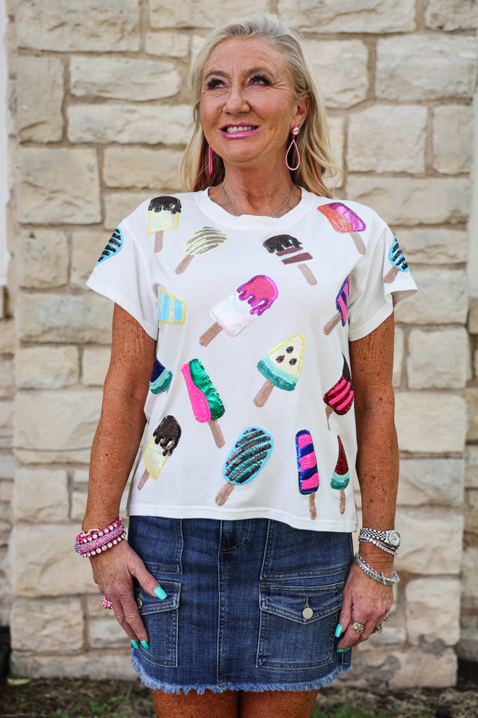Queen Of Sparkles White Scattered Multi Color Popsicle Tee-Tops-Queen Of Sparkles-Deja Nu Boutique, Women's Fashion Boutique in Lampasas, Texas
