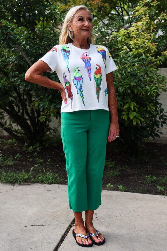 Queen Of Sparkles White Scattered Parrot Tee-Tops-Queen Of Sparkles-Deja Nu Boutique, Women's Fashion Boutique in Lampasas, Texas