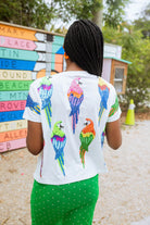 Queen Of Sparkles White Scattered Parrot Tee-Tops-Queen Of Sparkles-Deja Nu Boutique, Women's Fashion Boutique in Lampasas, Texas