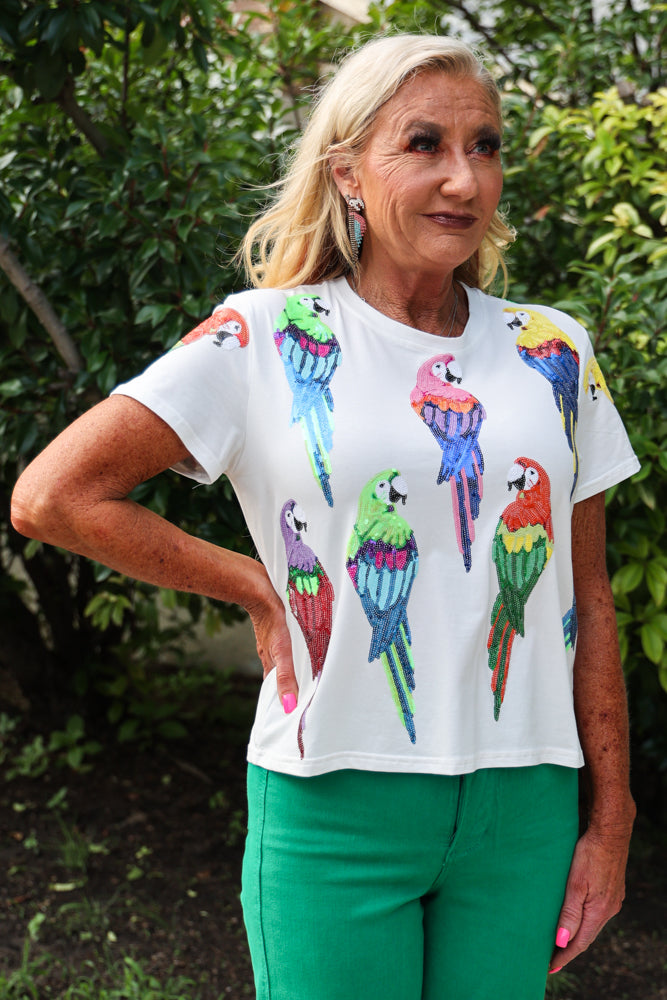 Queen Of Sparkles White Scattered Parrot Tee-Tops-Queen Of Sparkles-Deja Nu Boutique, Women's Fashion Boutique in Lampasas, Texas