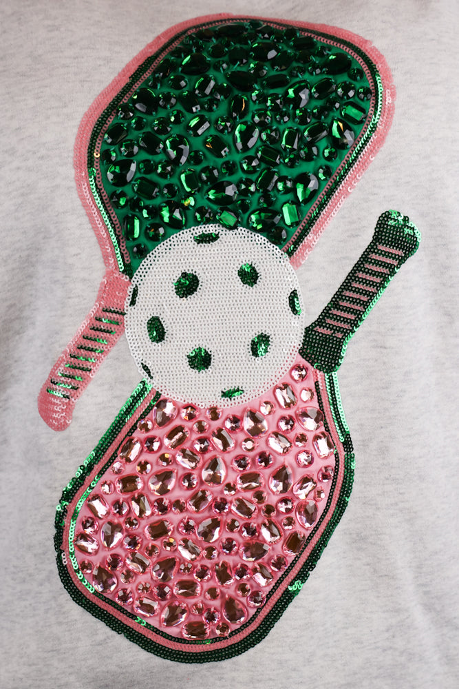 Queen Of Sparkles - Grey, Green And Pink Jeweled Sport Stripe Pickle Ball Sweatshirt-Tops-Queen Of Sparkles-Deja Nu Boutique, Women's Fashion Boutique in Lampasas, Texas