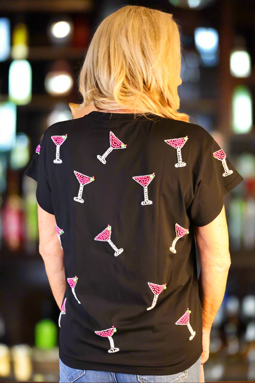 Queen Of Sparkles Black & Pink Scattered Pearl Cosmo Tee-Tops-Queen Of Sparkles-Deja Nu Boutique, Women's Fashion Boutique in Lampasas, Texas