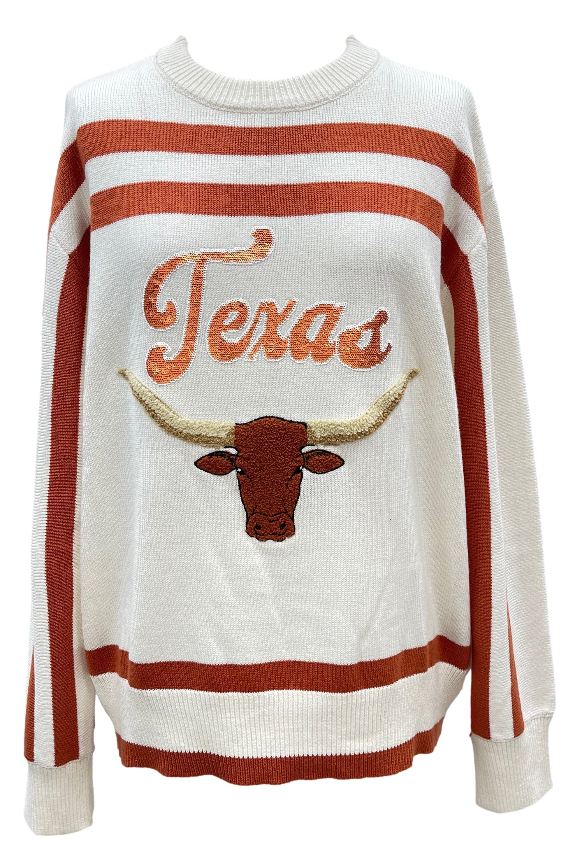 Queen Of Sparkles Burnt Orange And White Texas Longhorns Striped Long Sleeve Sweater-Sweaters-Queen Of Sparkles-Deja Nu Boutique, Women's Fashion Boutique in Lampasas, Texas