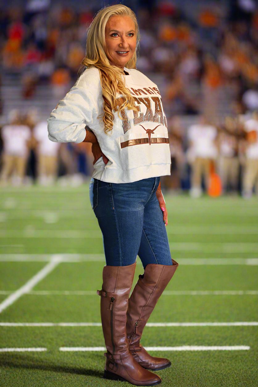 Queen Of Sparkles Grey ‘Longhorns’ Texas Vintage Sweatshirt-Sweaters-Queen Of Sparkles-Deja Nu Boutique, Women's Fashion Boutique in Lampasas, Texas