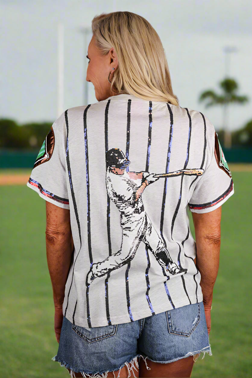 Queen Of Sparkles Grey & Royal Strike Out Tee-Tops-Queen Of Sparkles-Deja Nu Boutique, Women's Fashion Boutique in Lampasas, Texas