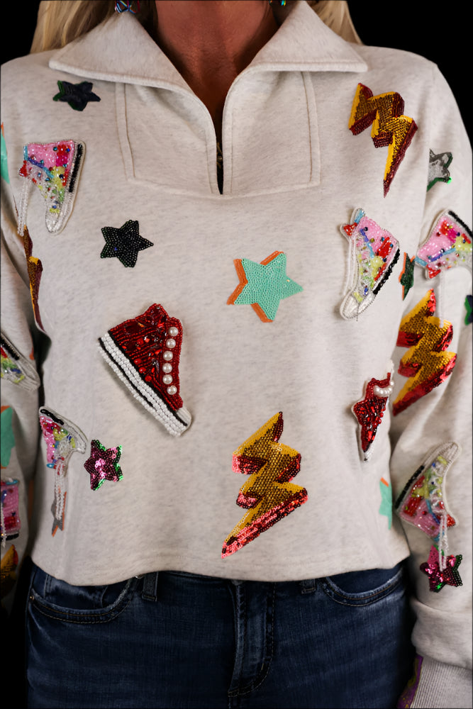 Queen Of Sparkles Grey Sneaker And Lightning Bolt Collar Sweatshirt-Tops-Queen Of Sparkles-Deja Nu Boutique, Women's Fashion Boutique in Lampasas, Texas